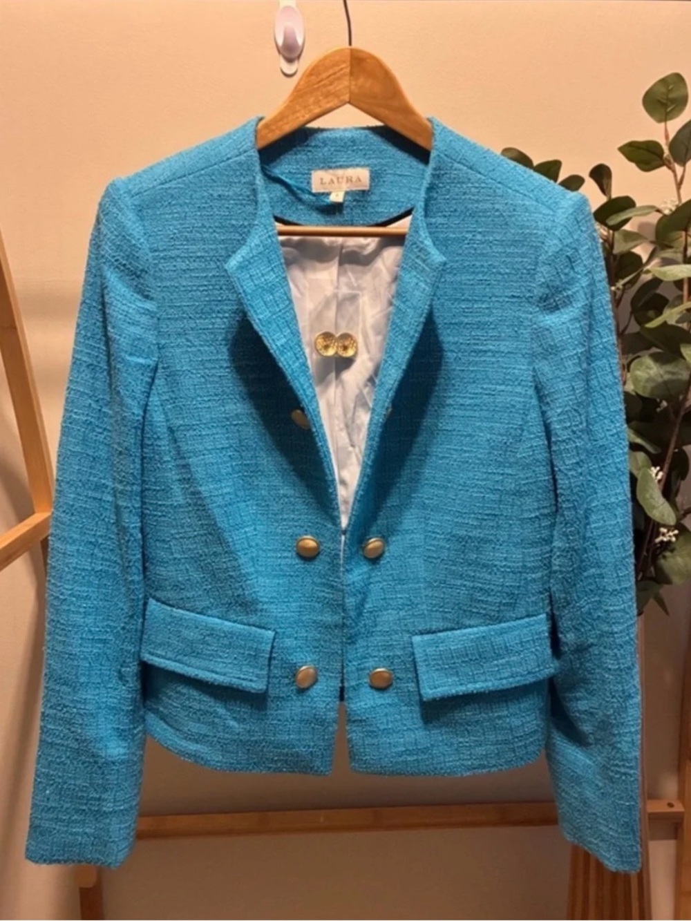 LAURA Bright Turquoise Tweed Double-Breasted Blazer